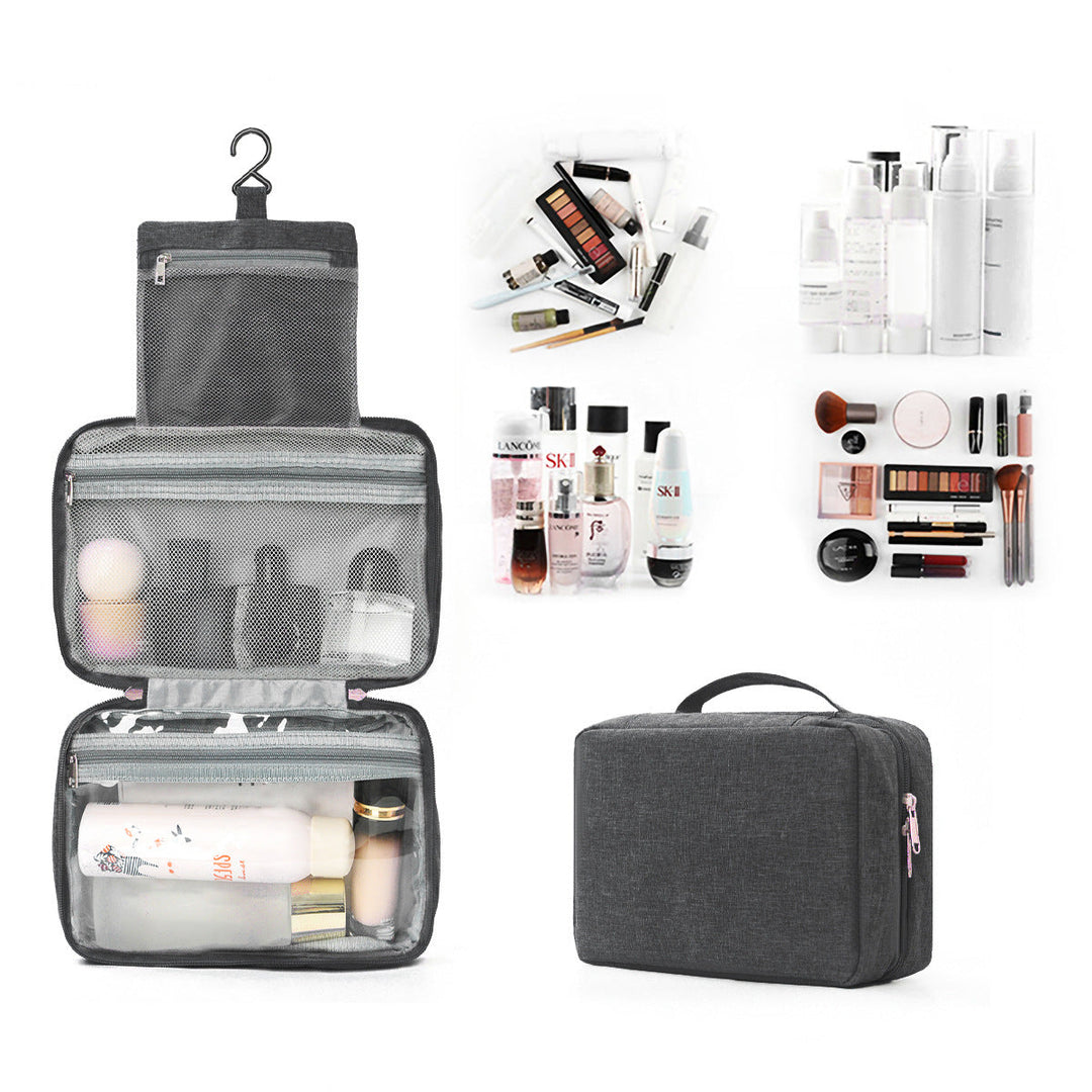Multi-pocket travel toiletry kit with clear compartments, mesh pockets & hook for easy access to toiletries & makeup.