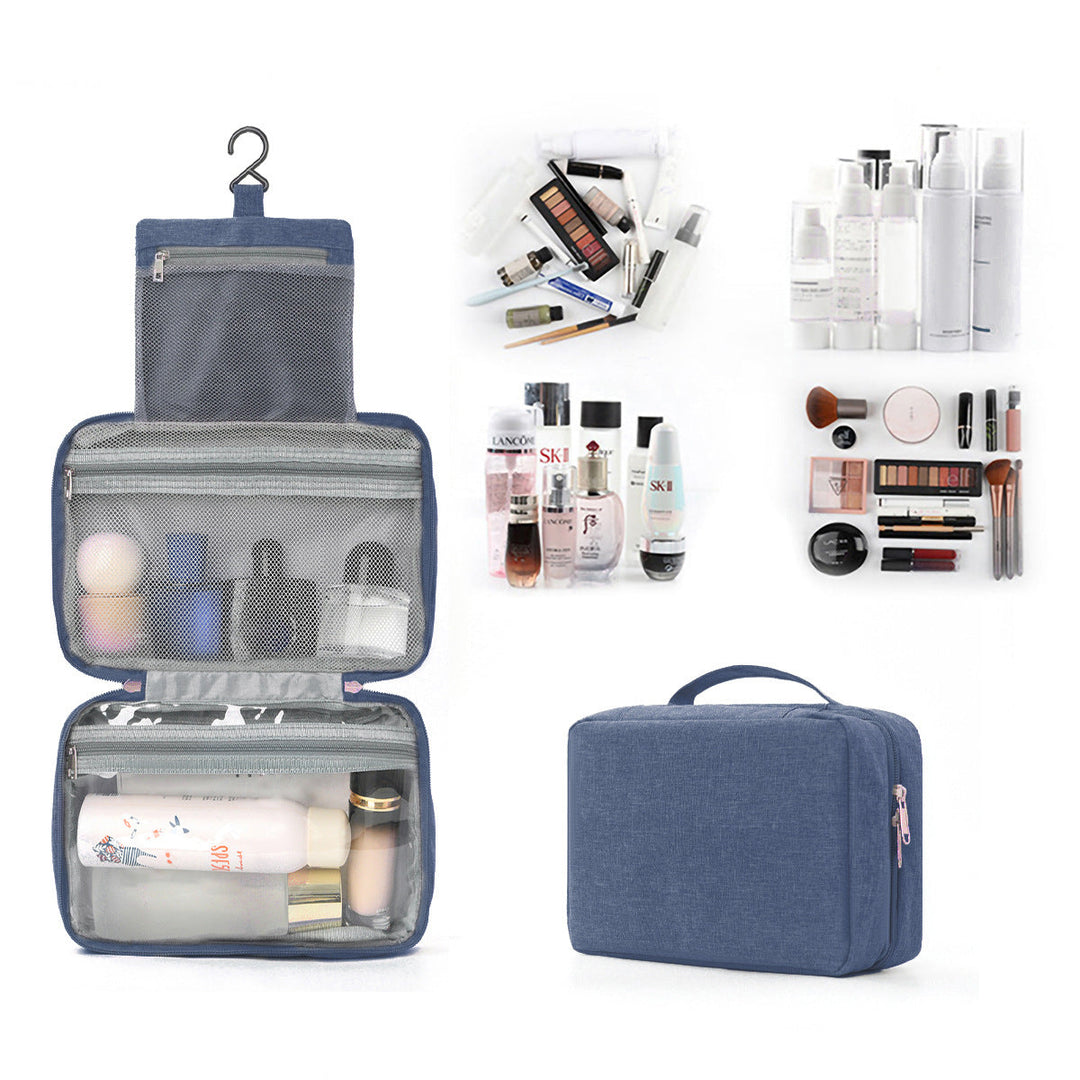 Sleek travel toiletry & cosmetic organizer with a convenient hanging hook, perfect for modern travelers on the go.