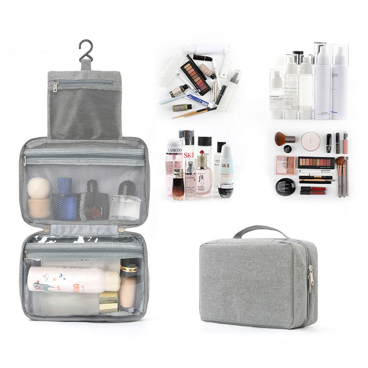 Versatile travel makeup bag & cosmetic case with hanging hook & spacious storage for all your personal items.
