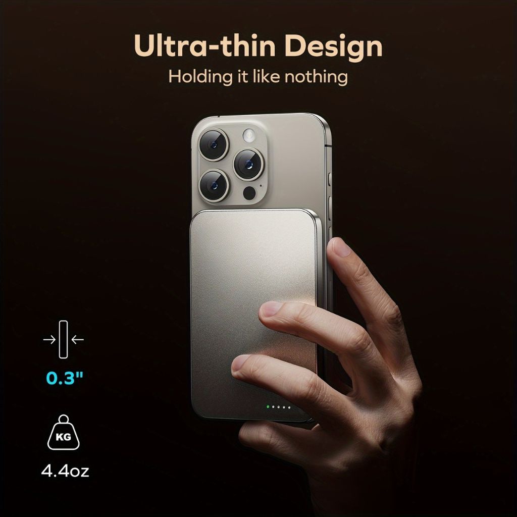 Portable ultra-slim magnetic wireless power bank, fast charging for smartphones.