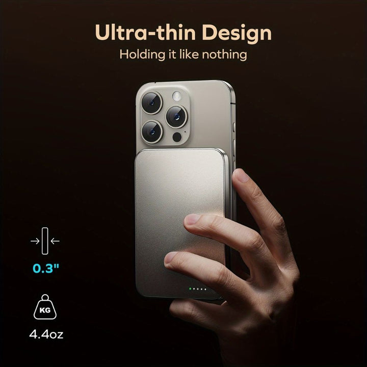 Portable ultra-slim magnetic wireless power bank, fast charging for smartphones.