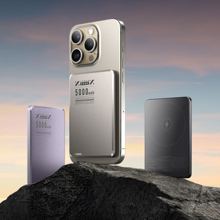 Aluminum magnetic wireless power bank, slim and powerful for travel.