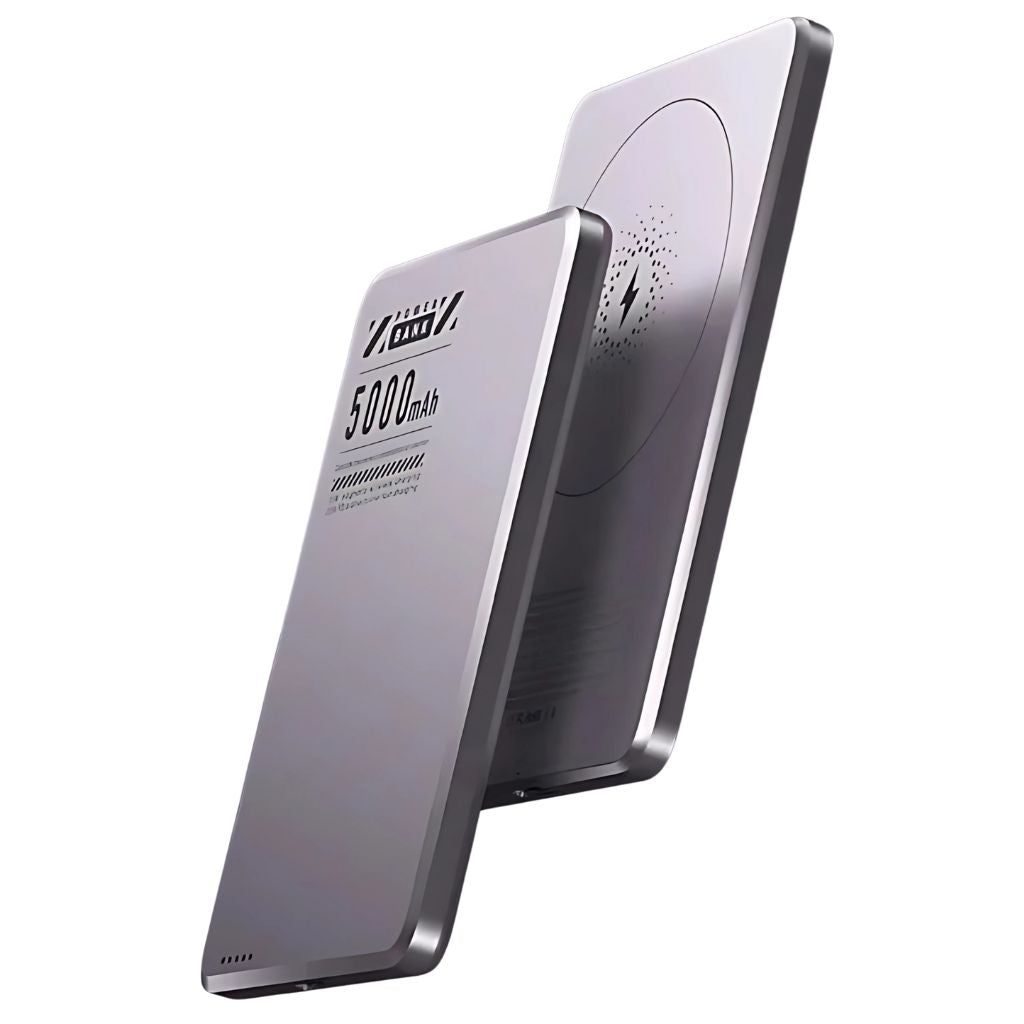 Fast charging magnetic wireless power bank, compact and portable.