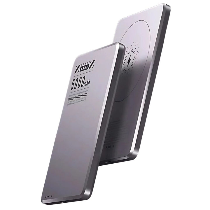 Fast charging magnetic wireless power bank, compact and portable.