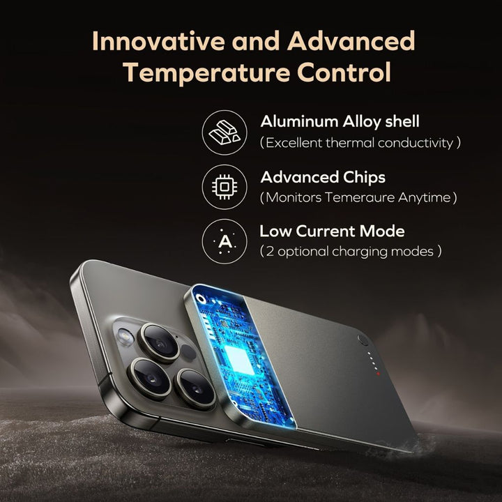 Compact aluminum magnetic power bank, ideal travel wireless charger.