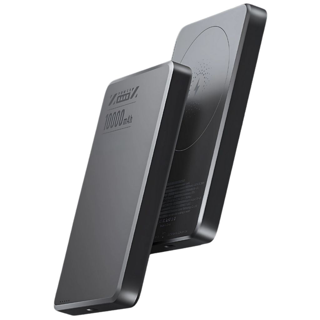 Travel-ready ultra-slim magnetic power bank, ensures fast wireless charging.
