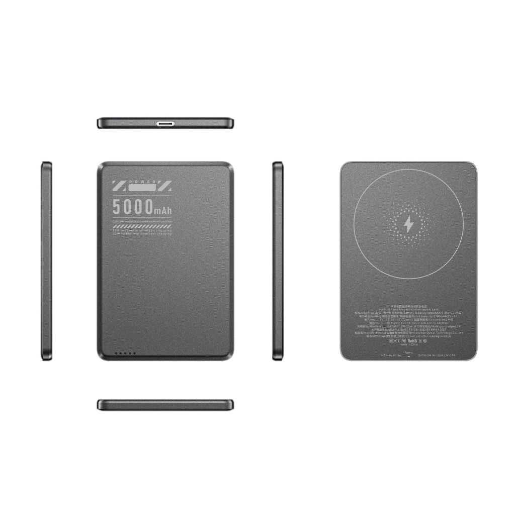 Portable magnetic wireless power bank, designed for fast smartphone charging.