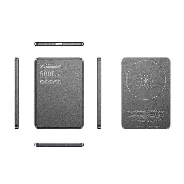 Portable magnetic wireless power bank, designed for fast smartphone charging.