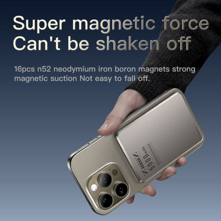 Aluminum ultra-slim magnetic wireless power bank, for seamless charging.