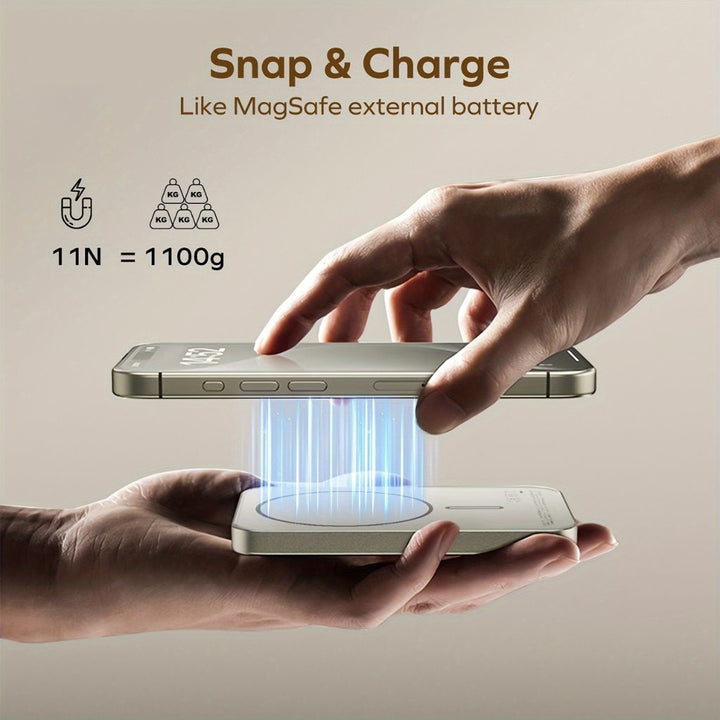 Compact fast charging magnetic wireless power bank, essential for travelers.