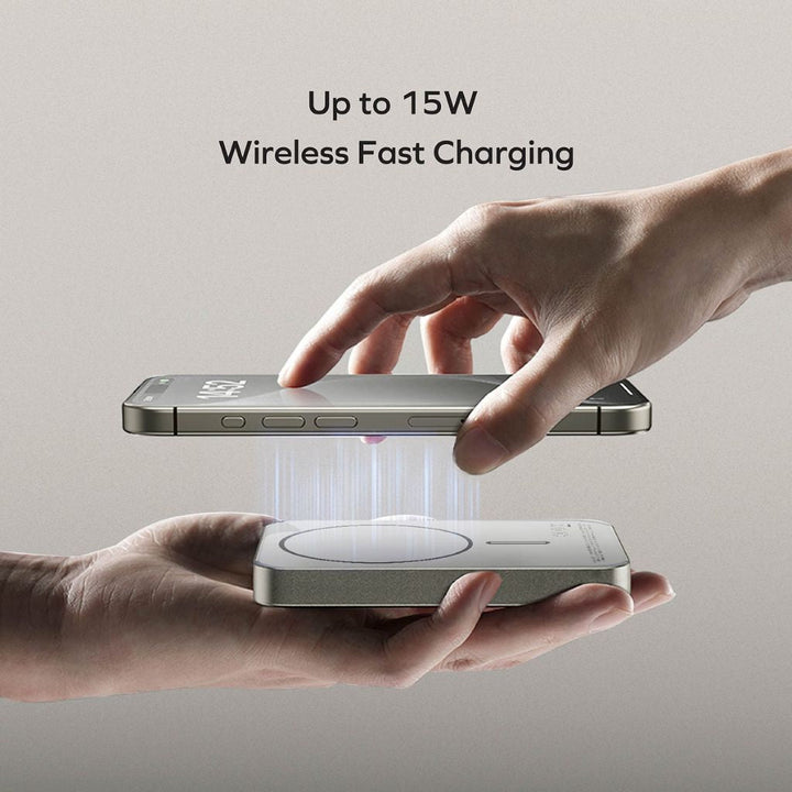 Ultra-slim magnetic power bank, providing wireless charging for on-the-go.