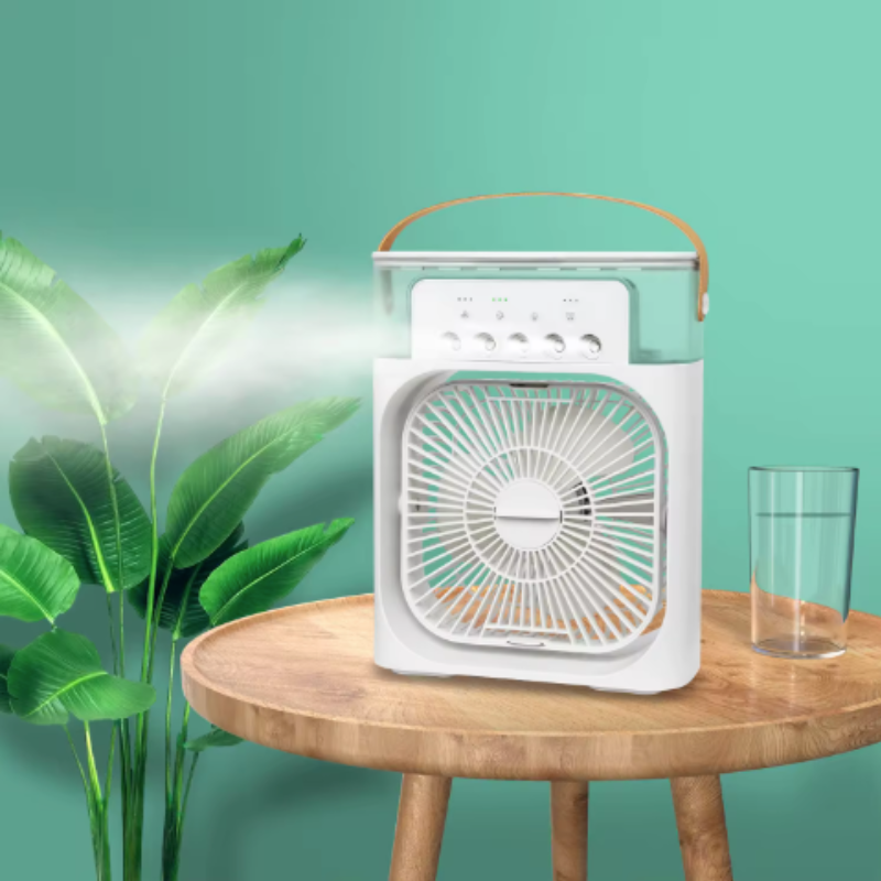 Portable USB air cooler & humidifier, compact personal desk fan for home comfort and cooling.