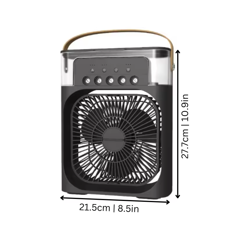 Compact portable air cooler and humidifier, ideal personal fan for desk or home, provides refreshing cooling.