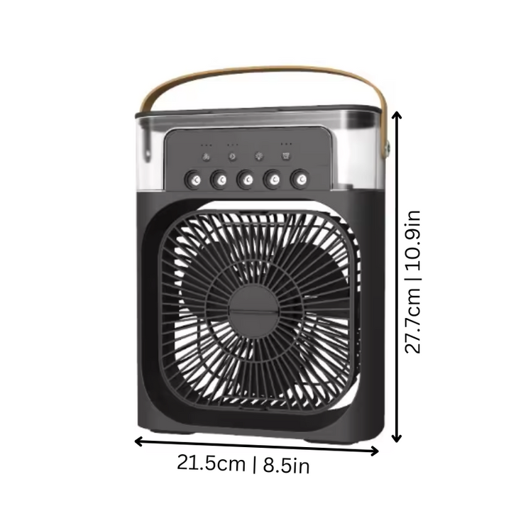 Compact portable air cooler and humidifier, ideal personal fan for desk or home, provides refreshing cooling.