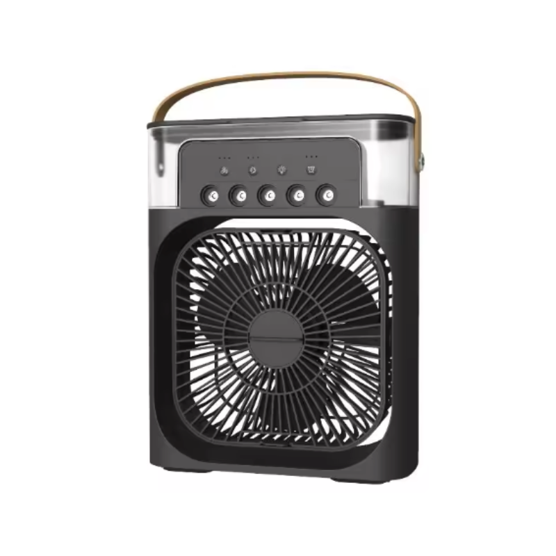 Mini USB powered portable air cooler with humidifier, sleek design for personal comfort & desk cooling.