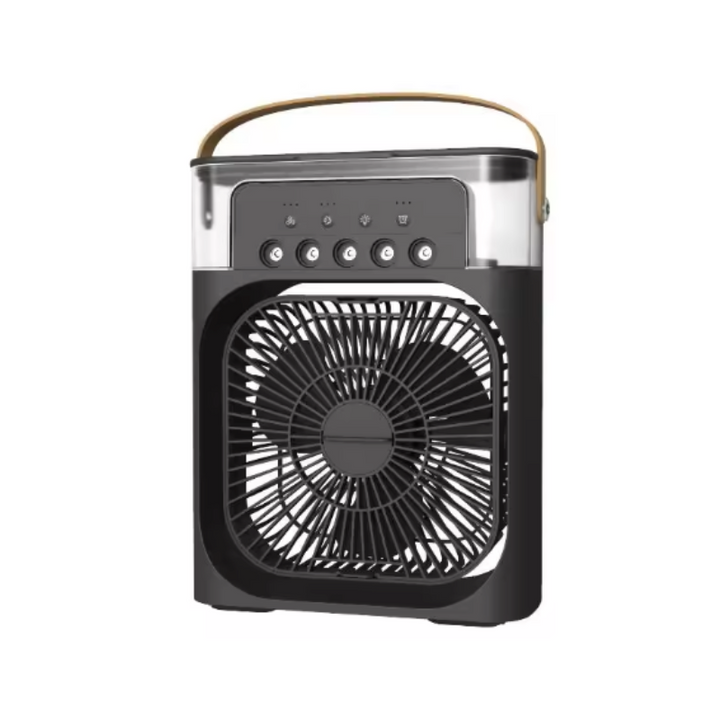 Mini USB powered portable air cooler with humidifier, sleek design for personal comfort & desk cooling.