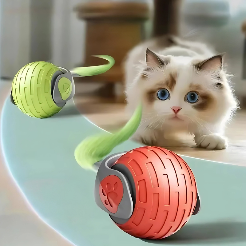 PounceBall interactive cat toy in motion, showing its quiet and engaging play features.