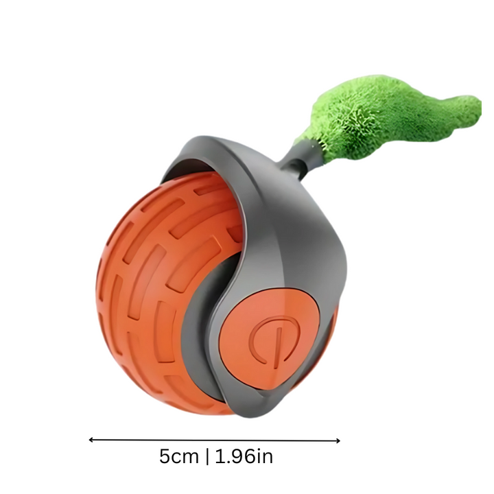 Close-up of the PounceBall cat toy, highlighting its USB rechargeable design for convenience.