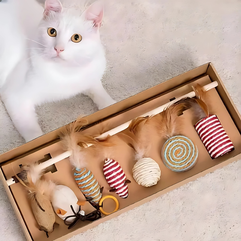 PouncePack interactive cat toy set with realistic feather and mouse toys for active play.