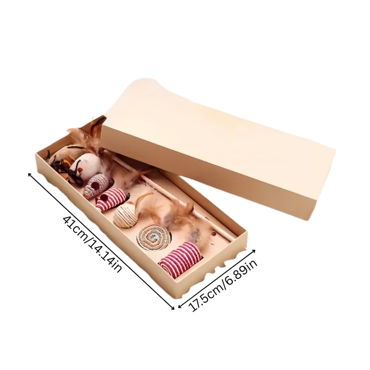 Durable PouncePack cat toys: linen mouse and natural feather wand for endless feline fun.