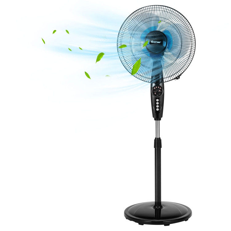 Powerful 16-inch oscillating floor fan with remote control for quiet home cooling & air circulation.