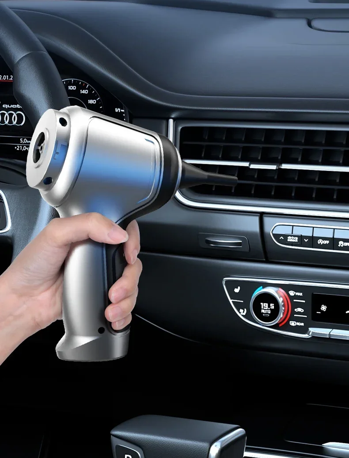 Handheld cordless car vacuum with strong suction cleaning car interior, ideal for portable auto detailing.