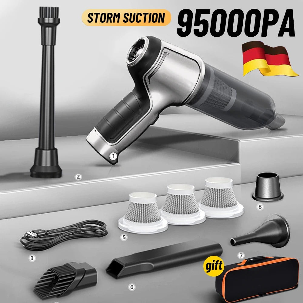 Cordless car vacuum with brushless motor & various attachments for powerful, efficient vehicle cleaning.