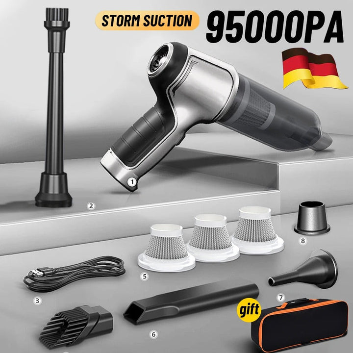 Cordless car vacuum with brushless motor & various attachments for powerful, efficient vehicle cleaning.