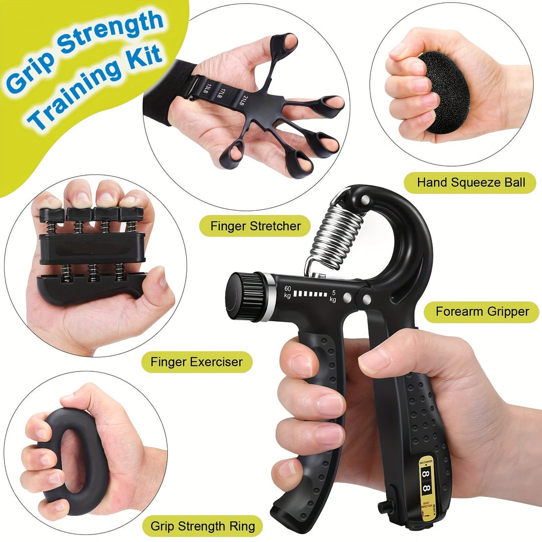 Complete PowerGrip 5-in-1 hand trainer set for strong hands, forearms, & grip strength. Perfect for athletes & musicians.