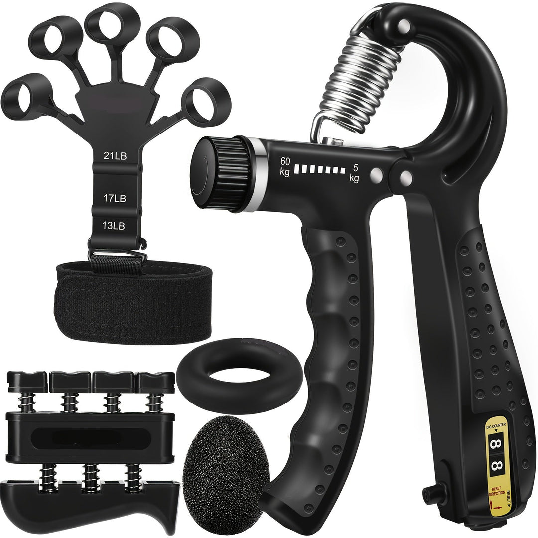 Versatile PowerGrip 5-in-1 set for strong hands, forearms, & fingers. Improves grip strength, muscle building & rehabilitation.