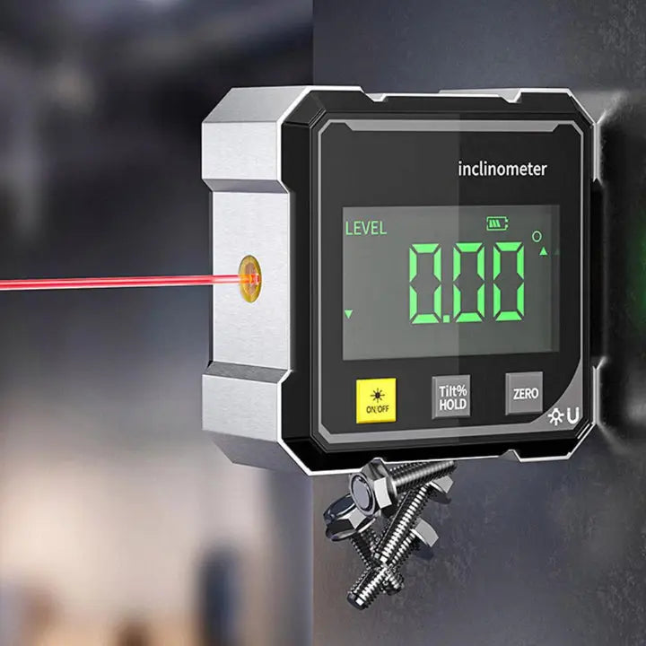 Precision digital angle level with laser, ideal for construction, woodworking, and metalworking measuring.