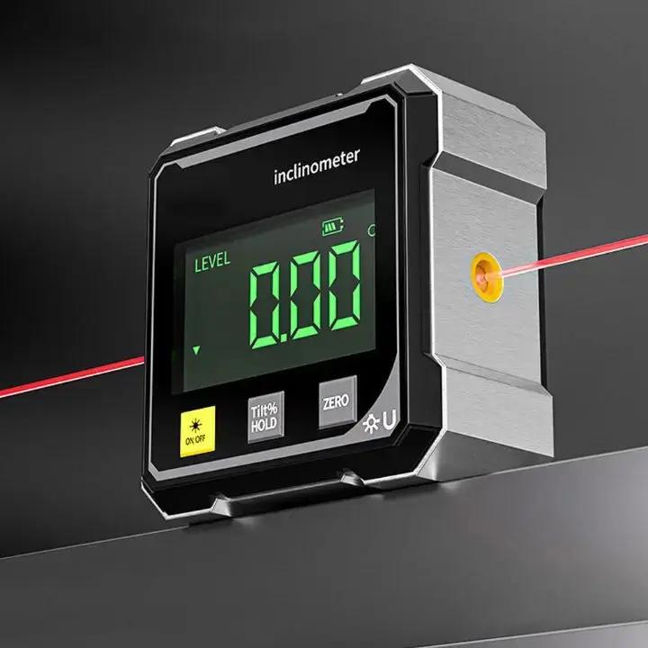 Digital angle level & finder with laser for precise measurements in woodworking, construction, and metalworking.