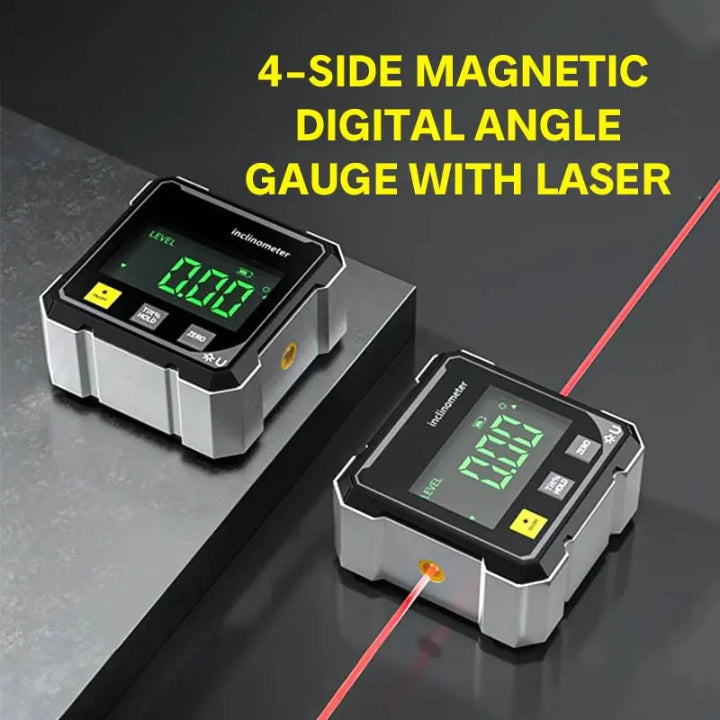 Magnetic digital level & laser tool for accurate angle finding in construction, woodworking, and metalworking.