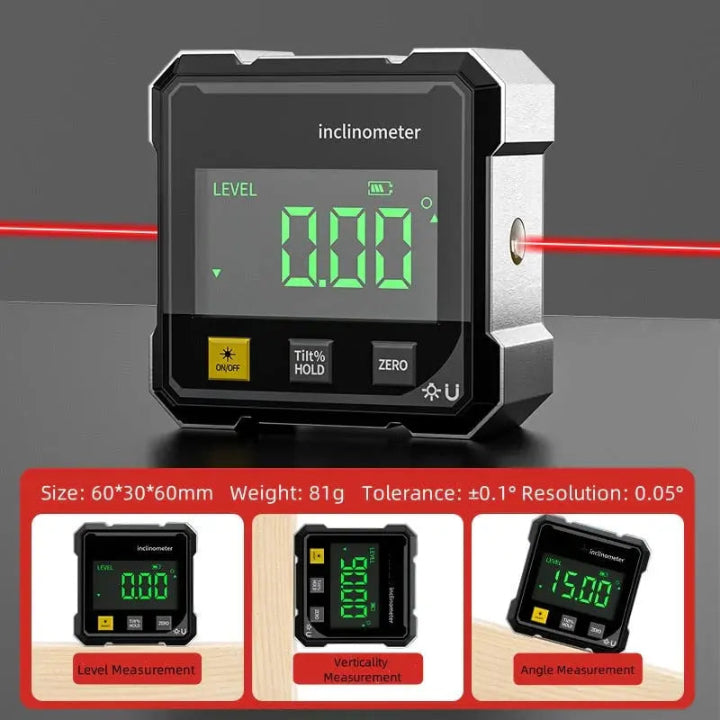 Precision digital measuring tool with laser level for construction, woodworking, and metalworking accuracy.