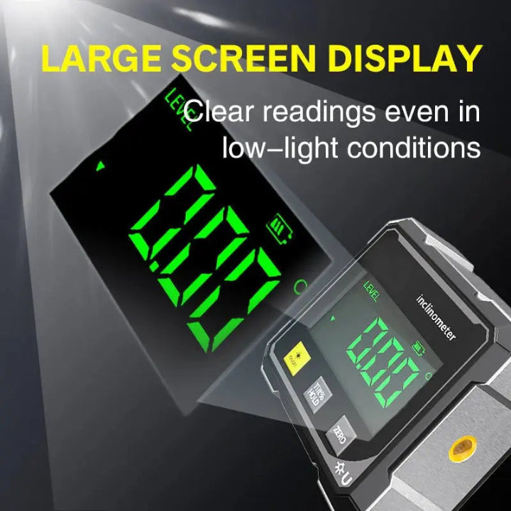 Magnetic digital angle level with laser for hands-free precision measuring in construction & workshop tasks.
