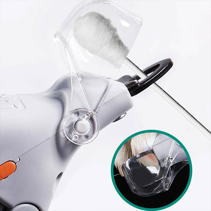 Sharp stainless steel blades of dog nail clippers with safety guard for precise, injury-free pet paw trimming.