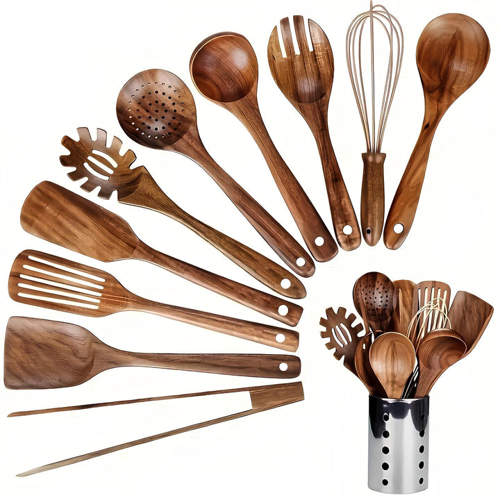 Premium 11-piece teak wood kitchen utensil set with holder. Durable, non-stick safe cooking tools for home chefs.