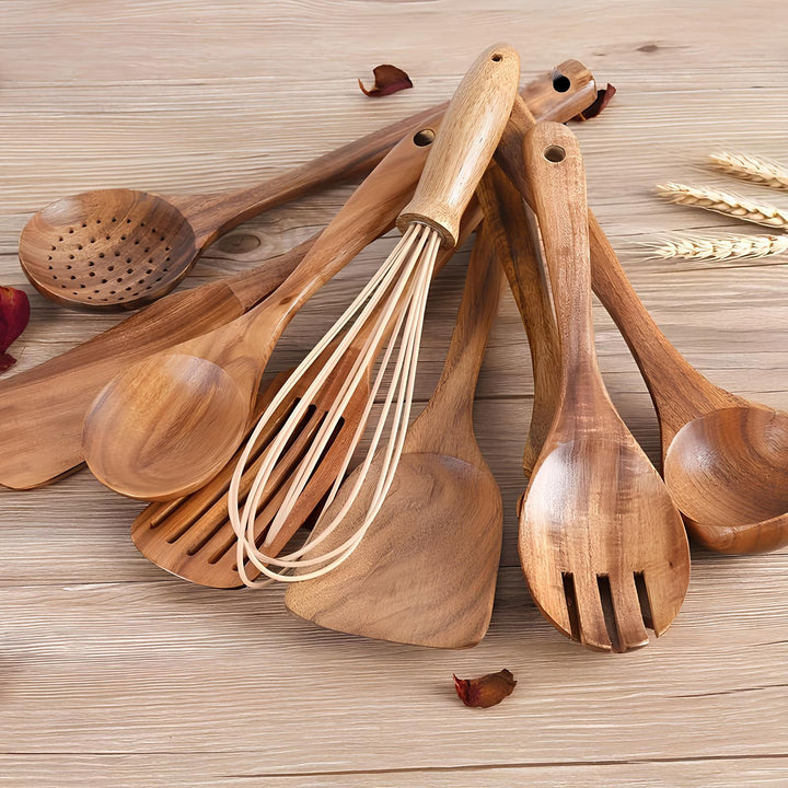 High-quality 11-piece teak wood cooking utensil set, non-scratch & heat-resistant. Essential kitchen tools & holder.
