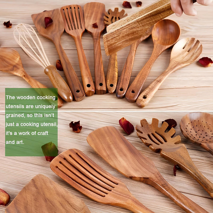 Complete 11-pc teak wood kitchen tool set with storage holder. Perfect gift for home cooking enthusiasts.