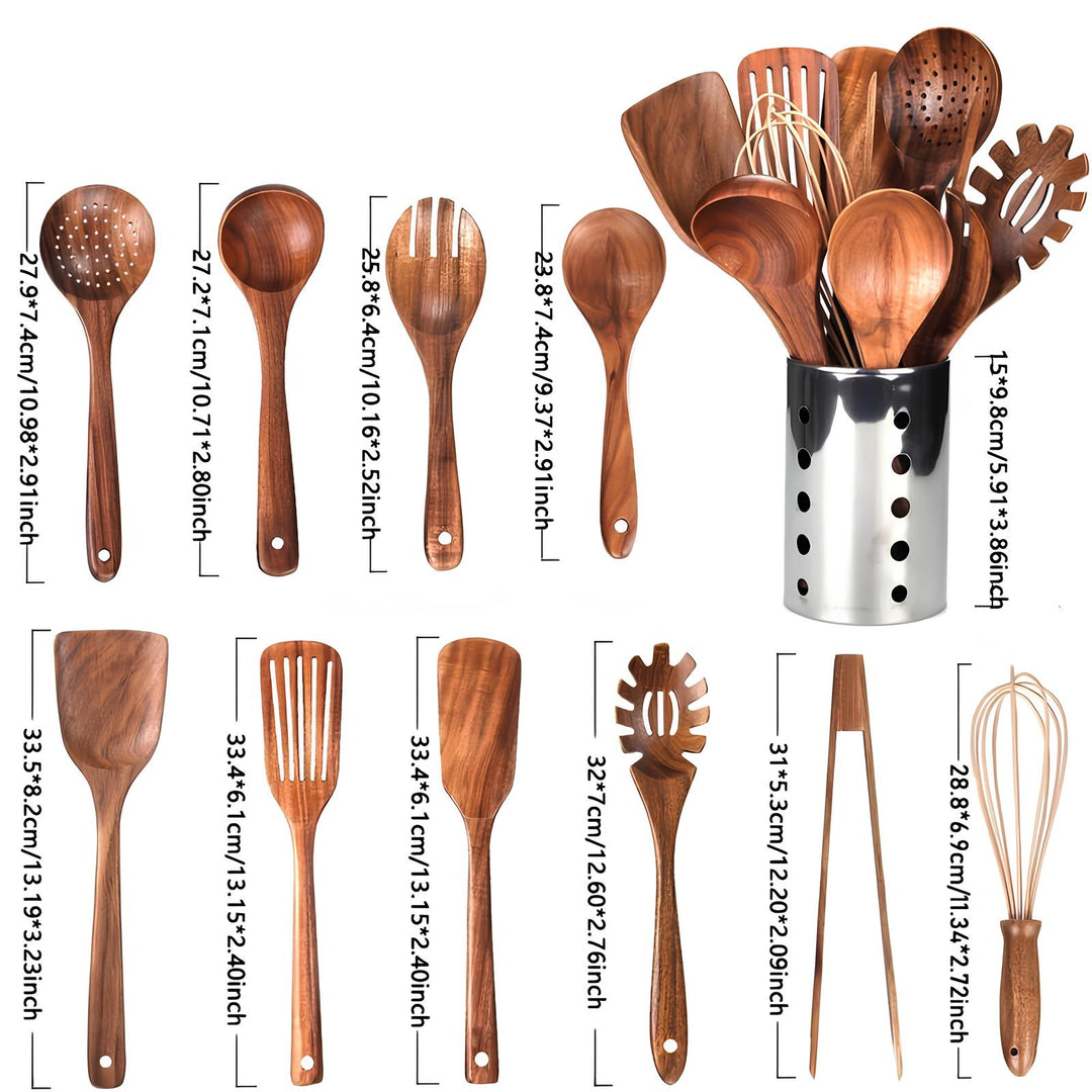 Beautiful teak wood kitchen utensil set, safe for non-stick cookware. Includes spatulas, spoons, & holder.