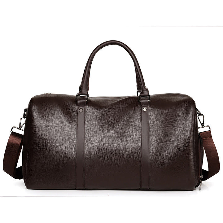 Luxury men's leather duffle bag, a perfect travel companion for weekend getaways, available in black.