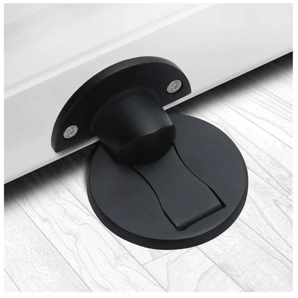 Easy install magnetic door holder for interior doors. Provides secure, convenient door stop in home or office.
