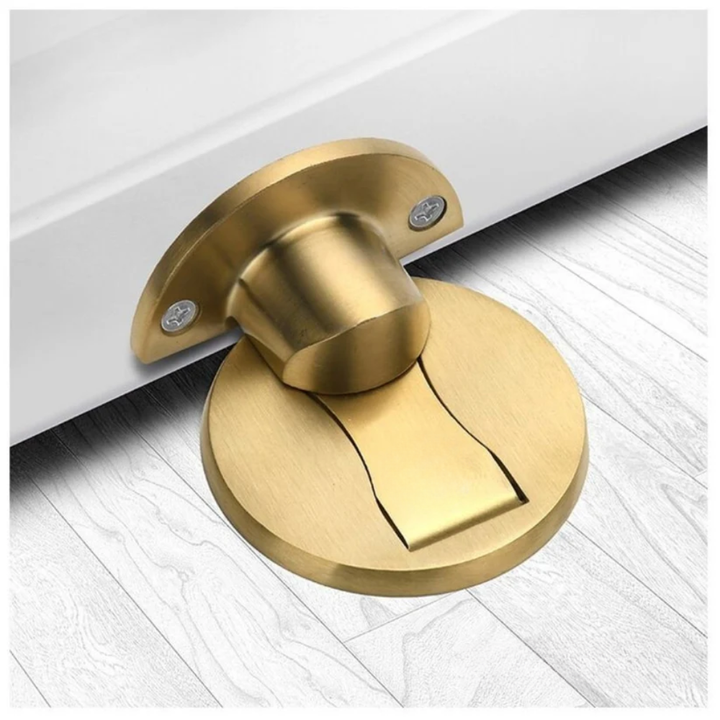 Modern wall-mount magnetic door catch. Securely holds home & office doors open. Essential door hardware accessory.