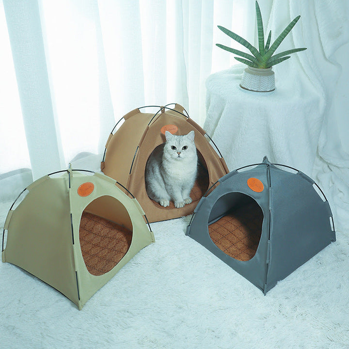 Premium rattan cat tent featuring a natural weave and plush cooling mat for ultimate comfort.