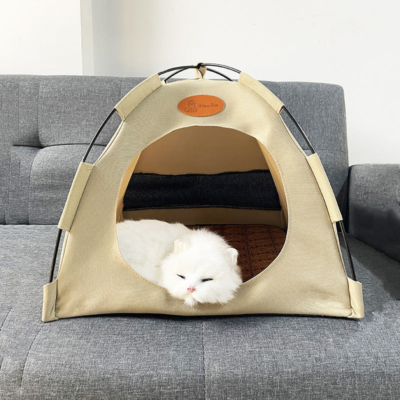 Stylish beige rattan cat house, a cozy den providing a safe and cool space for your feline.
