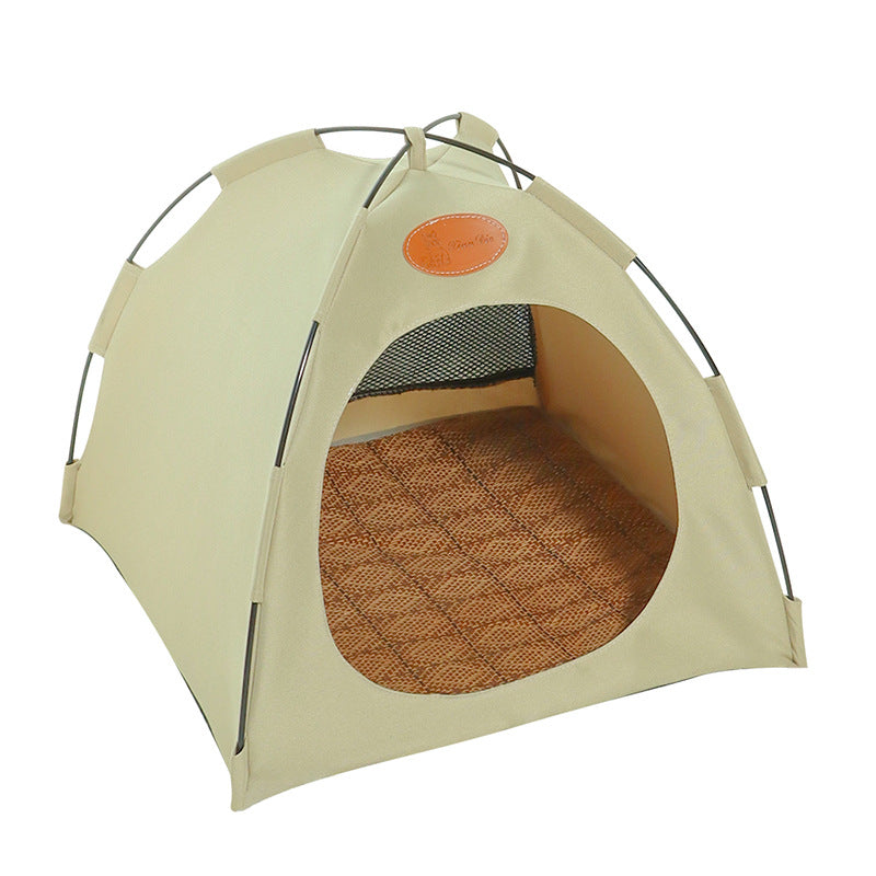 Elegant indoor cat bed made from woven rattan, includes a cooling mat for hot days.