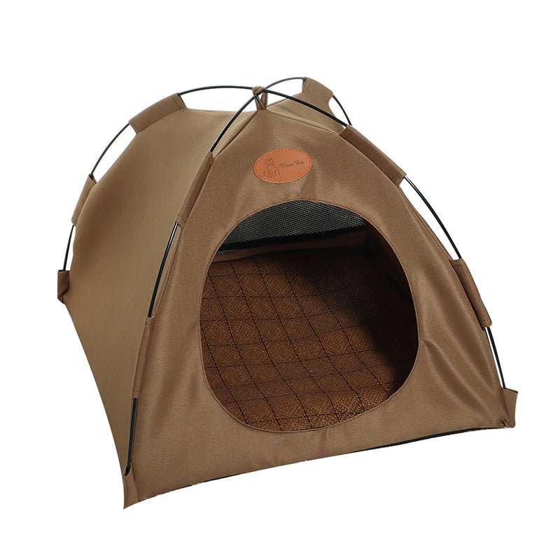 Beige rattan cat tent with an included cooling mat, designed for modern pet owners.