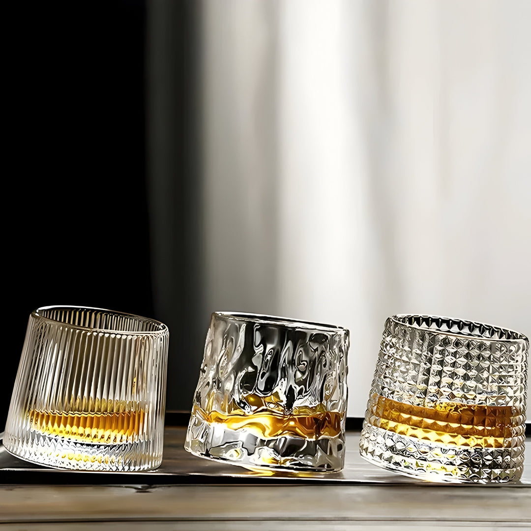 Textured rotating whiskey tasting glass, crystal clear. Perfect for cocktails & spirits, a unique gift for drinkware.
