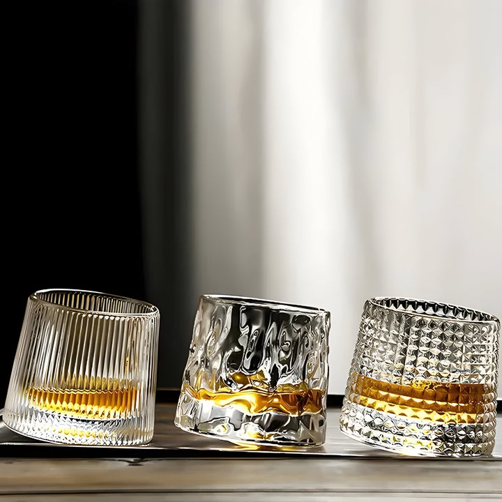 Textured rotating whiskey tasting glass, crystal clear. Perfect for cocktails & spirits, a unique gift for drinkware.