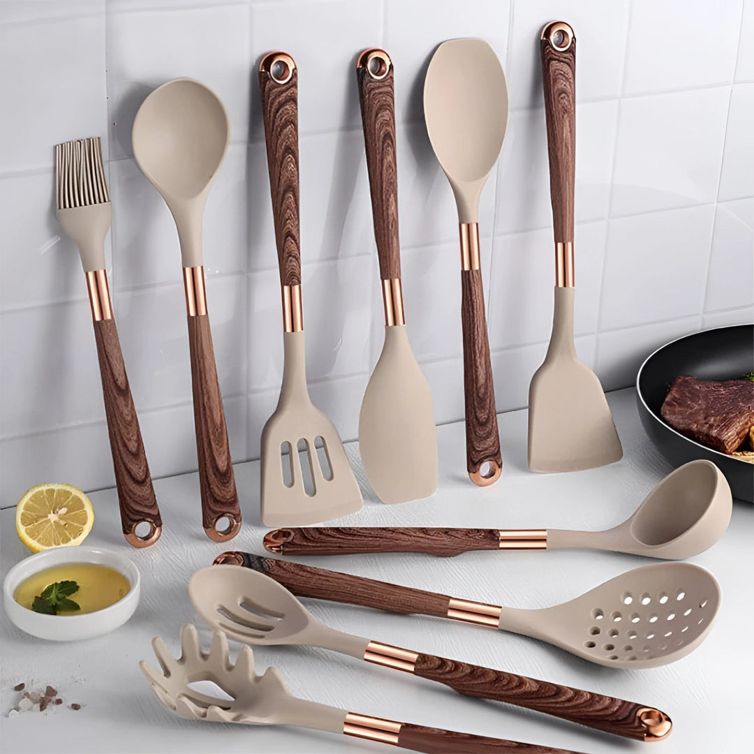 Premium silicone & wood kitchen utensil set for home chefs. Heat-resistant, non-stick cooking tools.
